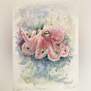 Original octopus Watercolor Painting Red Baby squid Underwater Art by Artettina